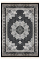 Gri tonlarında, geleneksel desenlere modern yorum katan, parlak Modal Silk ipliklerle dokunmuş ipek salon halısı