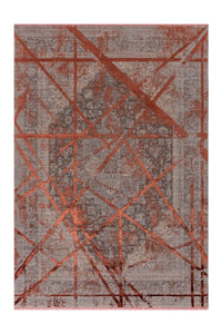 Kırmızı tonlarda, geometrik desenli modern salon halısı. Yumuşak dokulu ve dayanıklı bir yüzeye sahip.