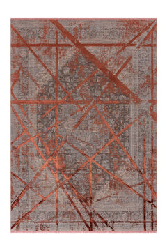 Kırmızı tonlarda, geometrik desenli modern salon halısı. Yumuşak dokulu ve dayanıklı bir yüzeye sahip.