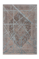 Açık gri tonlarda, geometrik desenlere sahip, modern tarzda bir salon halısı