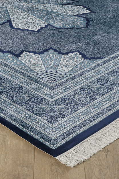 Istanbul Medaillonteppich aus Seide – Marineblau – 1166C 