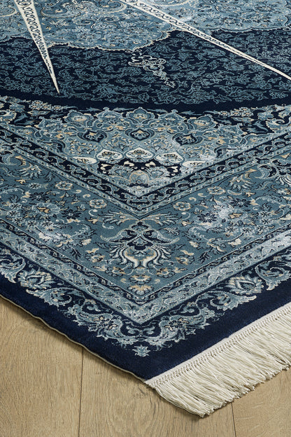 Grandeur of the Sultans Medaillonteppich aus Seide – Marineblau – 1239I 