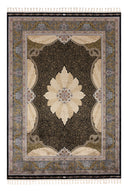 Krem renkli, geometrik desenlere sahip, %100 Modal iplikle dokunmuş Kaftan salon halısı.