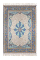 Lacivert renkli, Kaftan desenli modern salon halısı, detaylı dokusu belirgin.