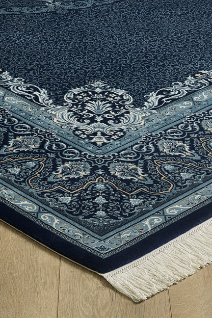 Dark Mystique Medaillonteppich aus Seide – Marineblau – 1247B 