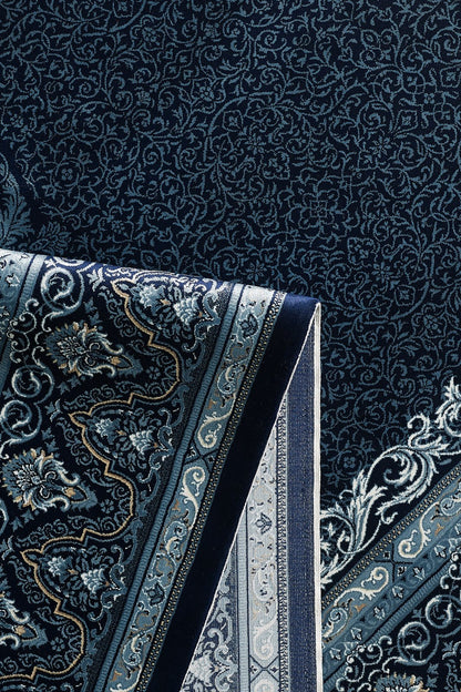 Dark Mystique Medaillonteppich aus Seide – Marineblau – 1247B 