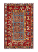 Pazyryk Red & Blue Hand-Knotted Rug 3'2" x 4'10" ED64 – top view