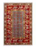 Pazyryk Red & Blue Hand-Knotted Rug 3'4" x 4'11" ED66 – top view